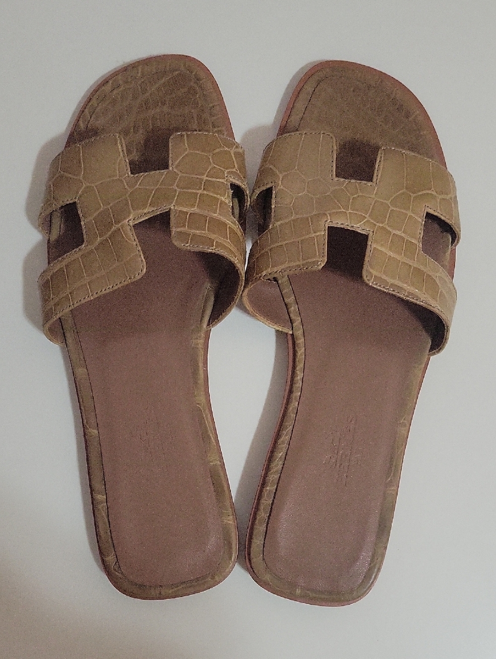 Croc-Embossed Slide Sandals in Brown